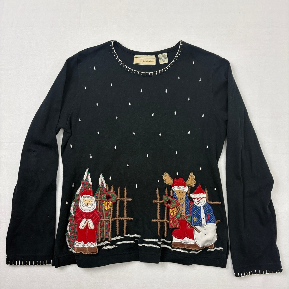 Carrie Allen Christmas Santa Reindeer Snowman Applique Black Cotton Shirt L